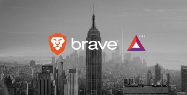 Basic Attention Token (BAT) und Brave Browser Logo mit New Yorker Skyline im Hintergrund