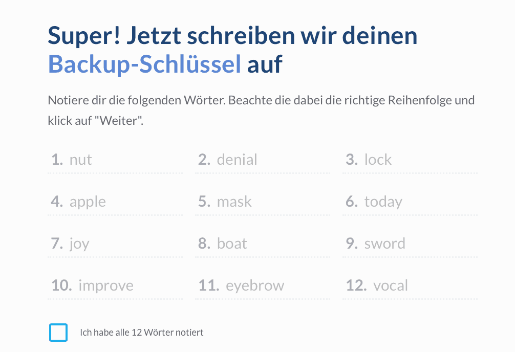 Schritt 2: Backup Keys erstellen und notieren