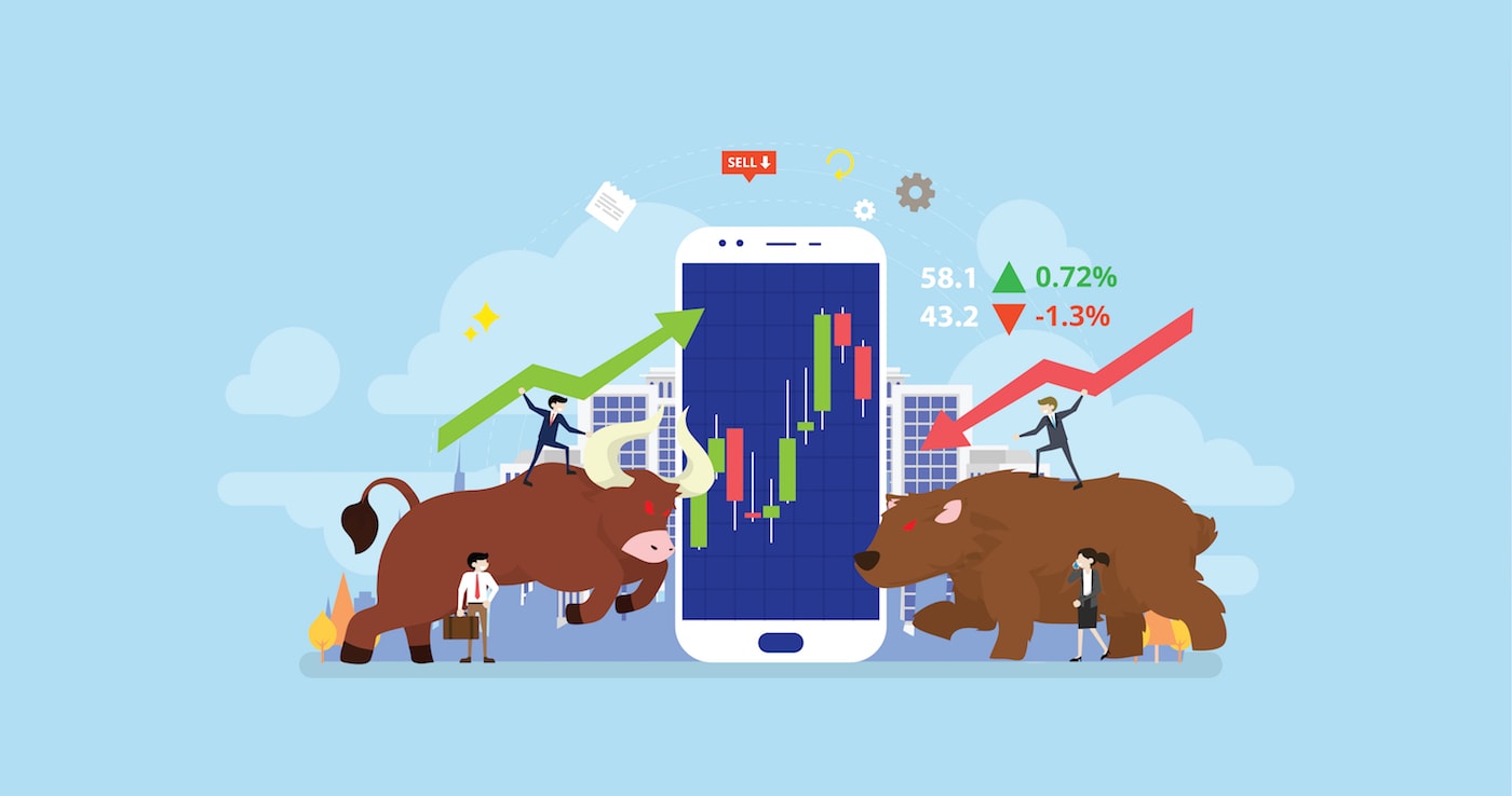 Illustration Bullen und Bären Smartphone mit roten und grünen Chartcandles