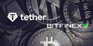 bitfinex und tether schriftzüge auf verschiedenen krypto münzen