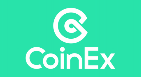 CoinEx Logo in weiß auf grünen Hintergrund