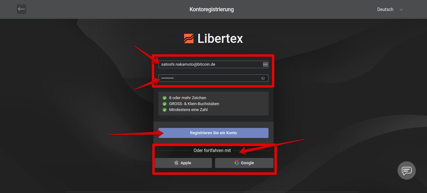 Kontoregistrierung Libertex