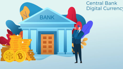 CBDC Illustration einer Person, die vor einer Bankfiliale steht