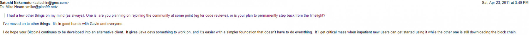 E-Mail von Satoshi Nakamoto an Mike Hearn am 23. April 2011