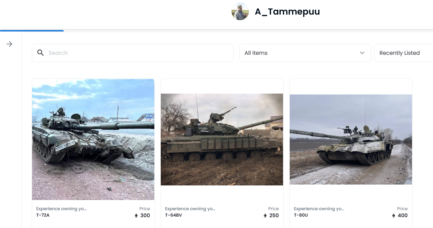 OpenSea Marktplatz eines Nutzers mit russischen Panzern als NFT