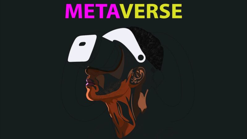 Illustration Mann trägt VR Brille. Überschrift: Metaverse