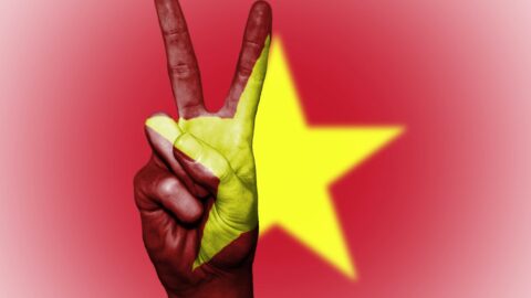 Vietnam Flagge und Peace Handzeichen