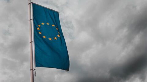 Flagge der europäischen Union vor schwarz-weißem Himmel