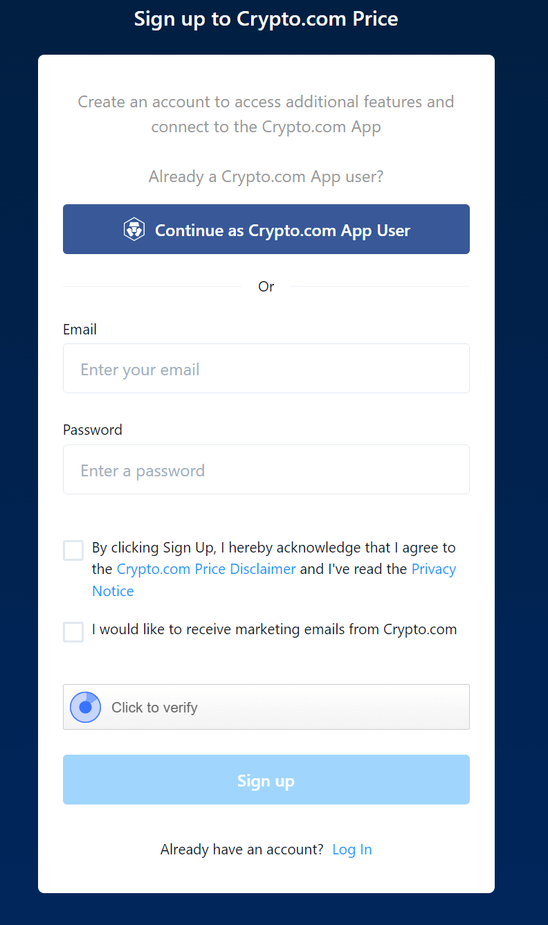 Crypto.com Anmeldeformular