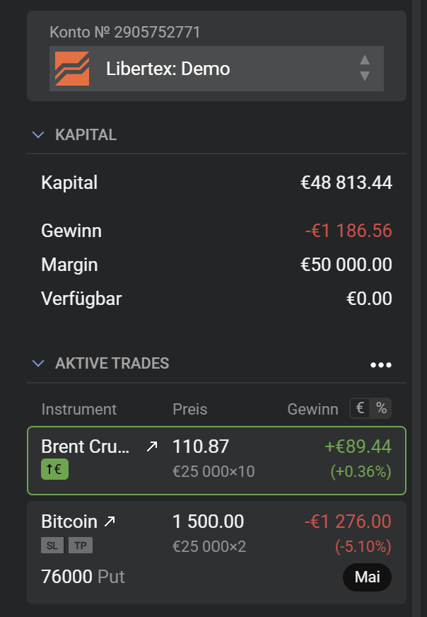 Demokonto Uebersicht aktive Trades