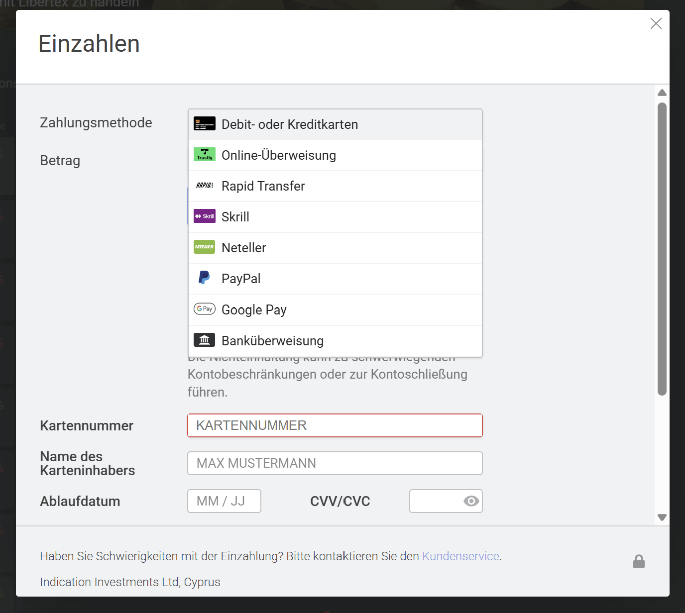 Libertex Zahlungsmethoden