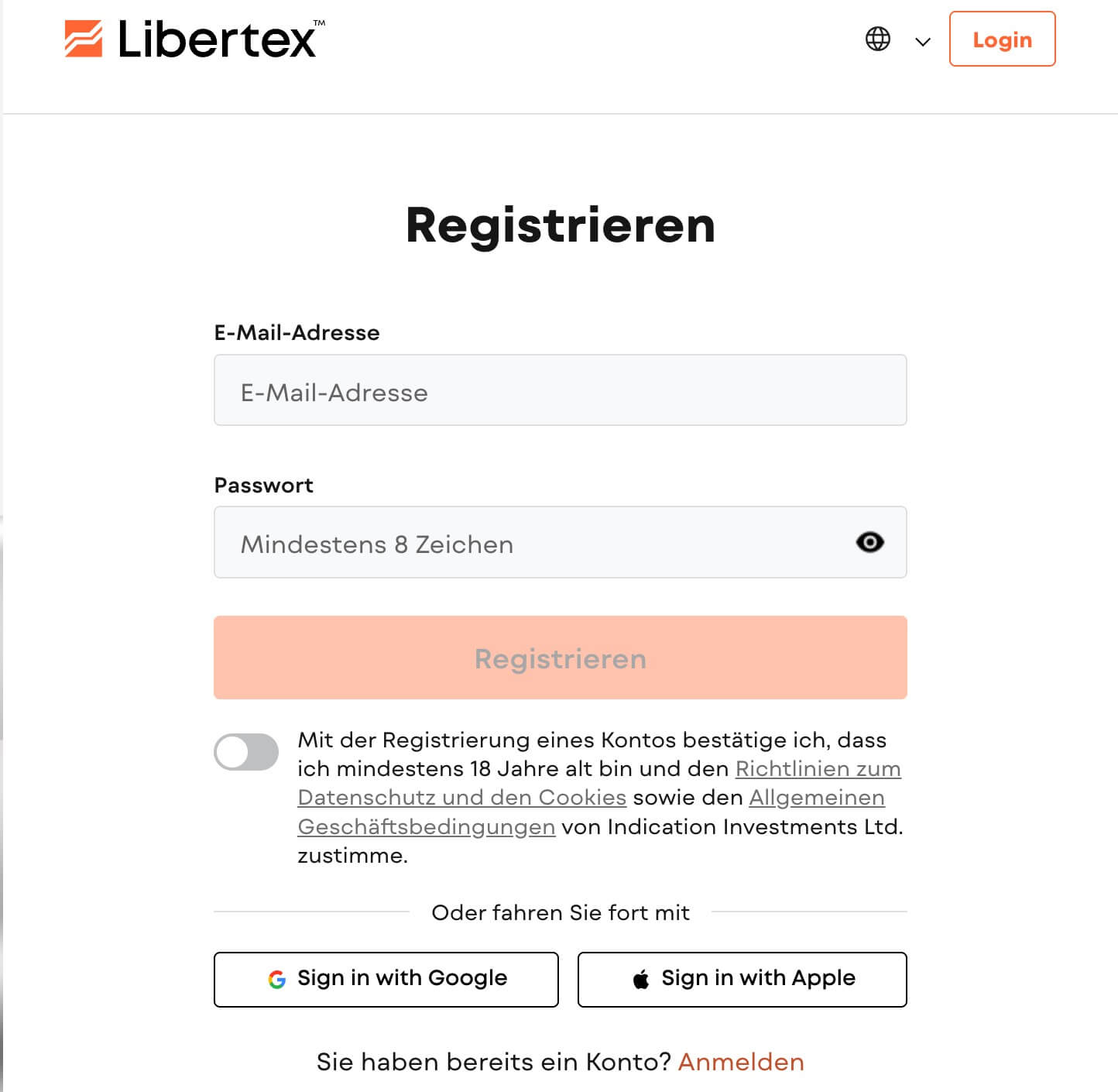 Registrierungsseite Libertex