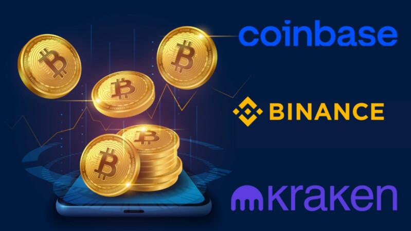 Coinbase Binance Kraken Logo goldene BTC Coins