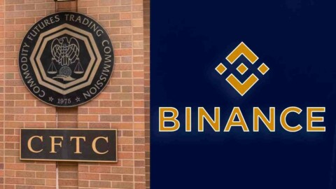 Zweigeteiltes Bild. Links CFTC Wappen, rechts: Binance Logo