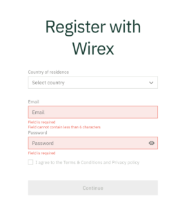 Anmeldeseite Kontoerstellung Wirex