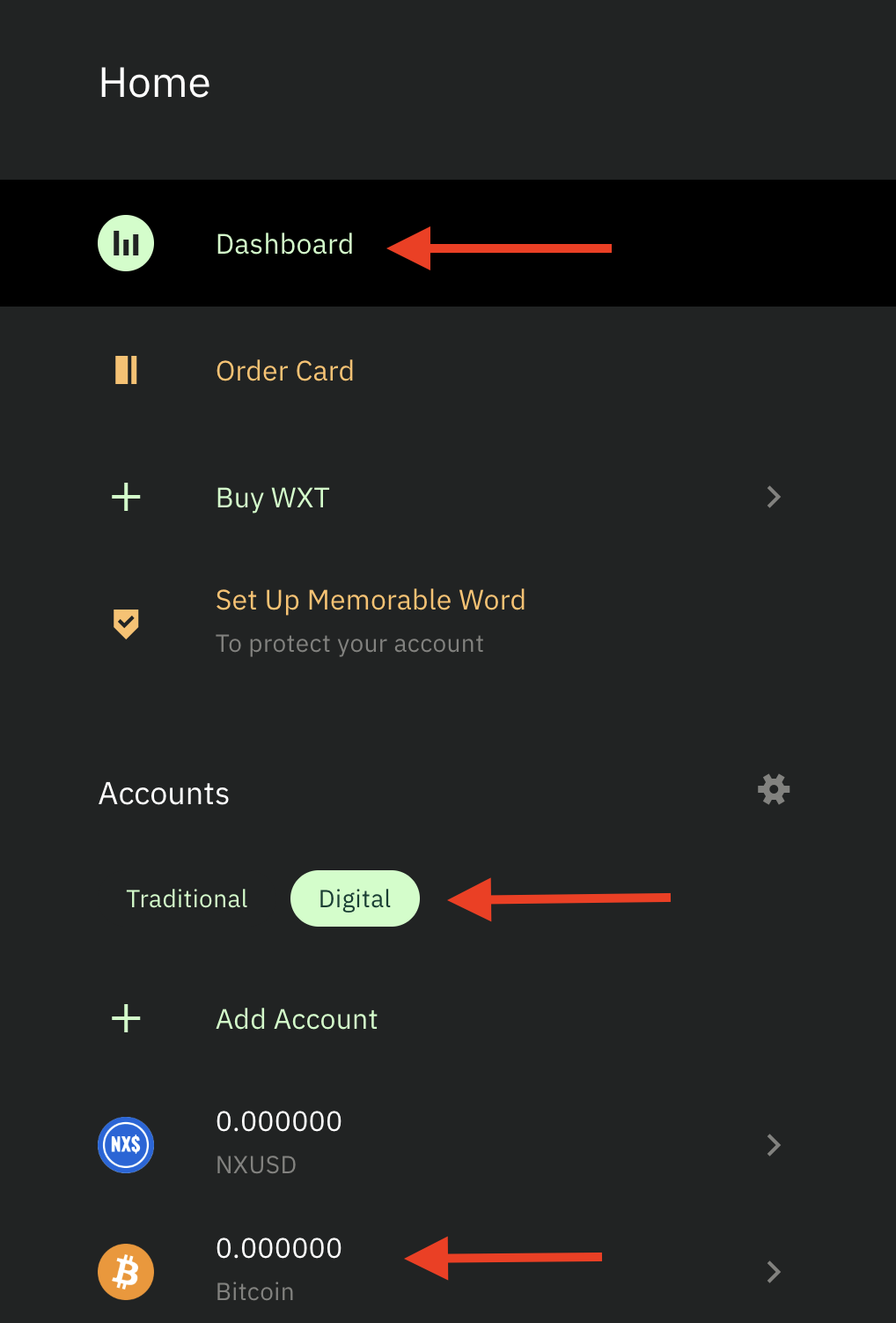 Dashboard Wirex Accounts Digital BItcoin