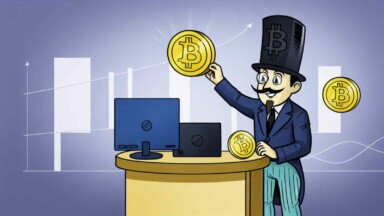 BW Maskottchen hält BTC Coin