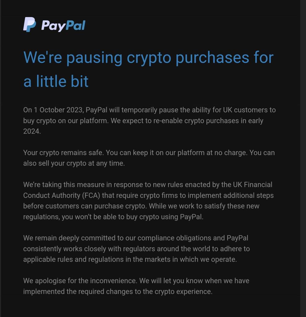 Mitteilung PayPal pausiert Kryptokäufe in Großbritannien