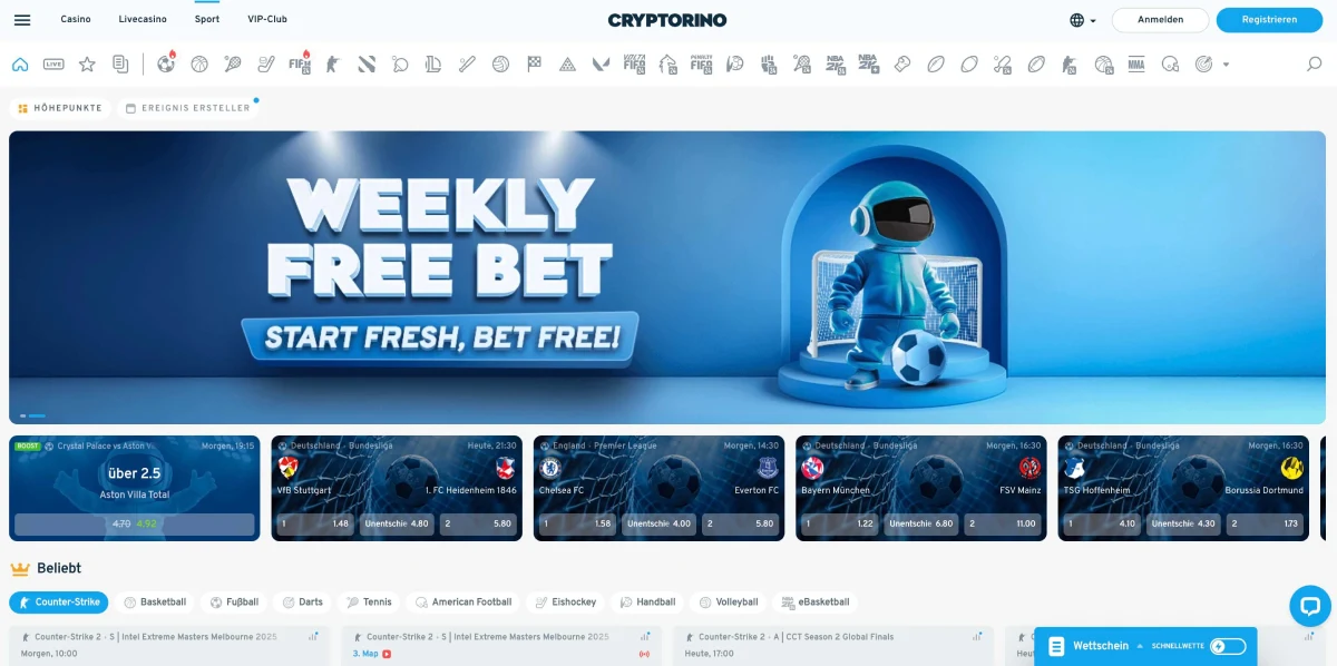 Cryptorino Lobby Sportwettenangebot