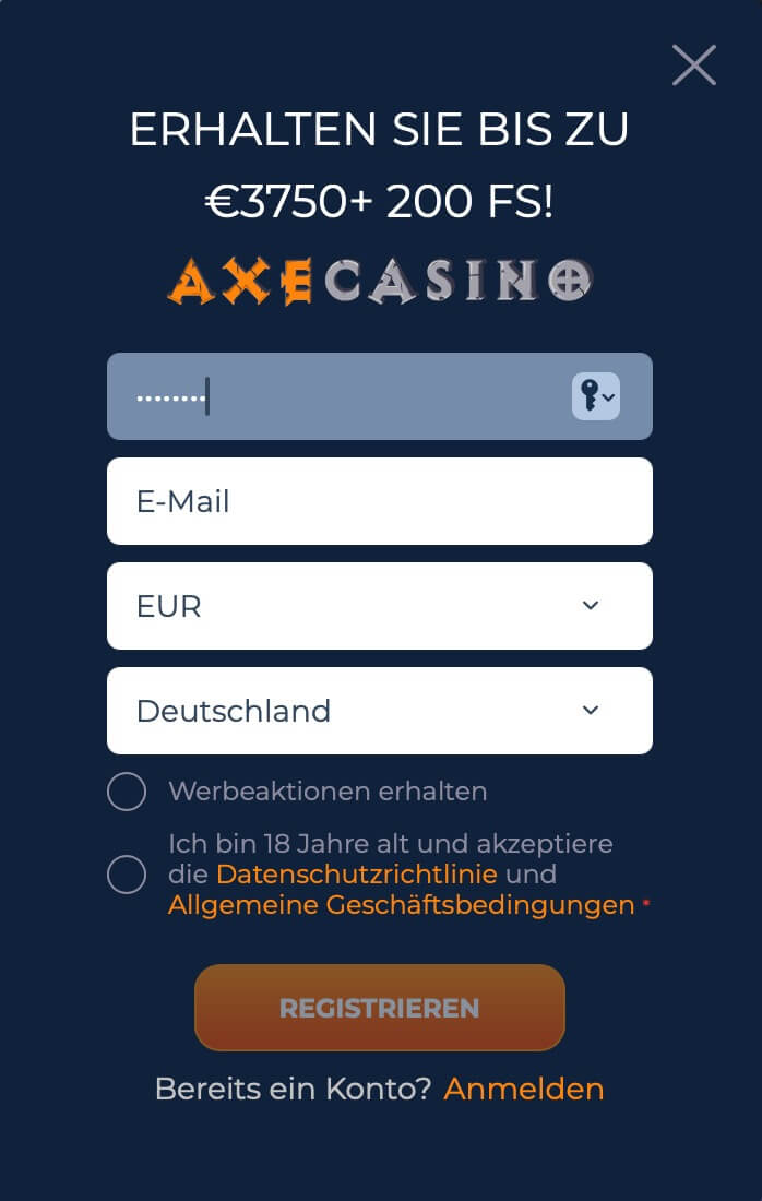 Axe Casino Registrierungsseite