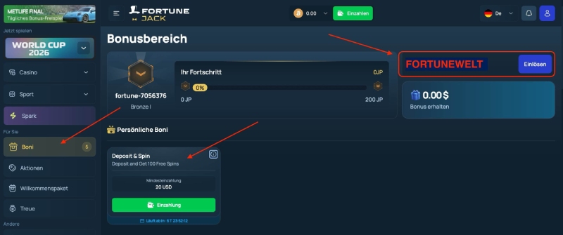 Einlösung exklusiver Welcome Bonus FortuneJack