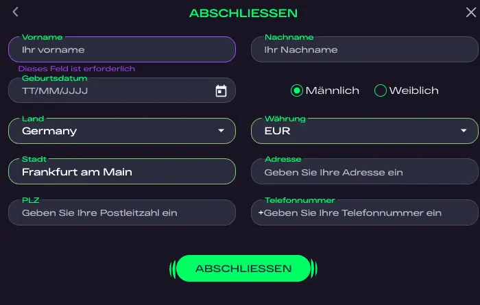 glitchspin registrierung schritt 2