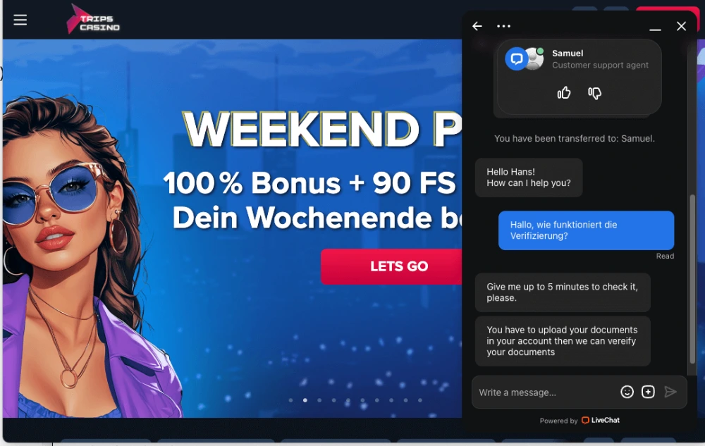 Trips Casino Kundensupport Anfrage