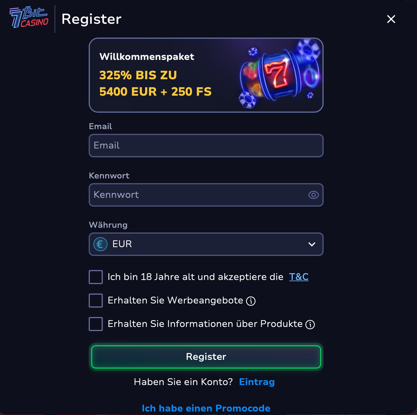 7BitCasino Anmeldeseite