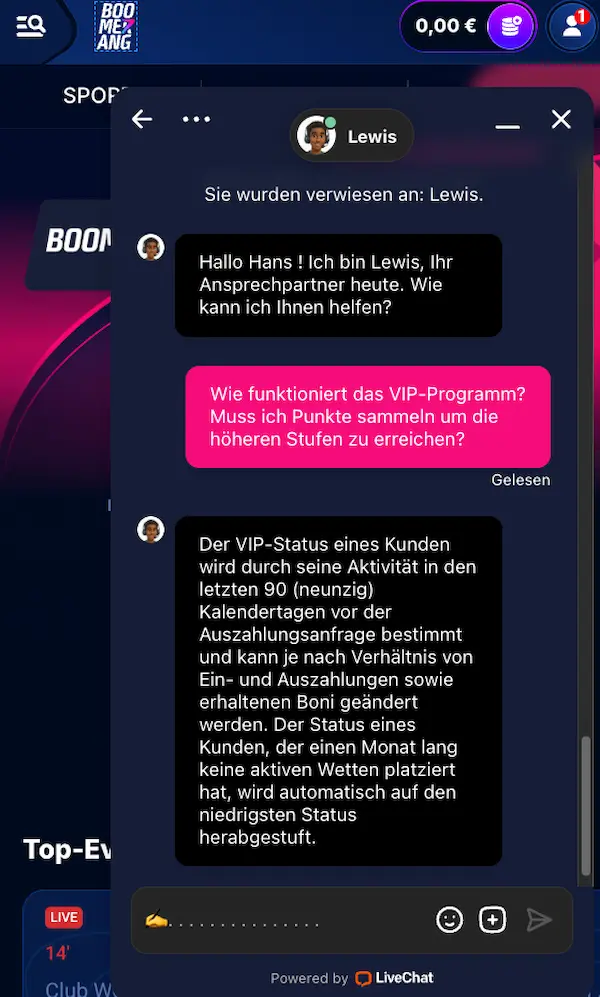 Boomerang Bet Live-Chat