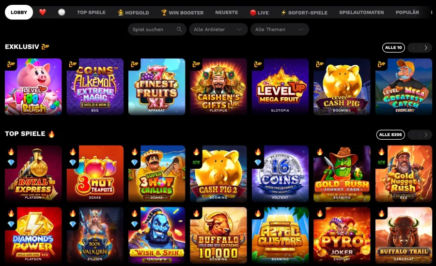 LevelUp Casino Spieleauswahl
