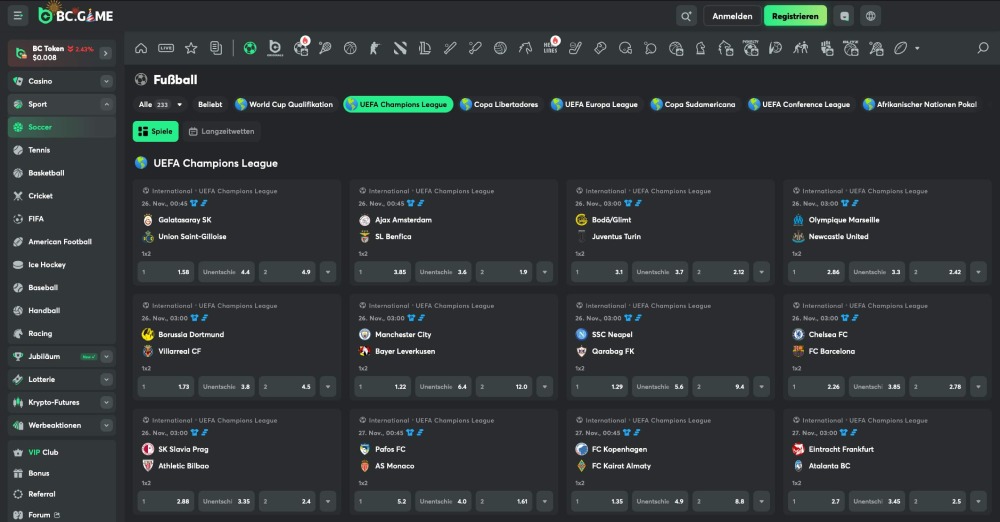 Uebersicht der kommenden Champios League Begegnungen bei BC.Game