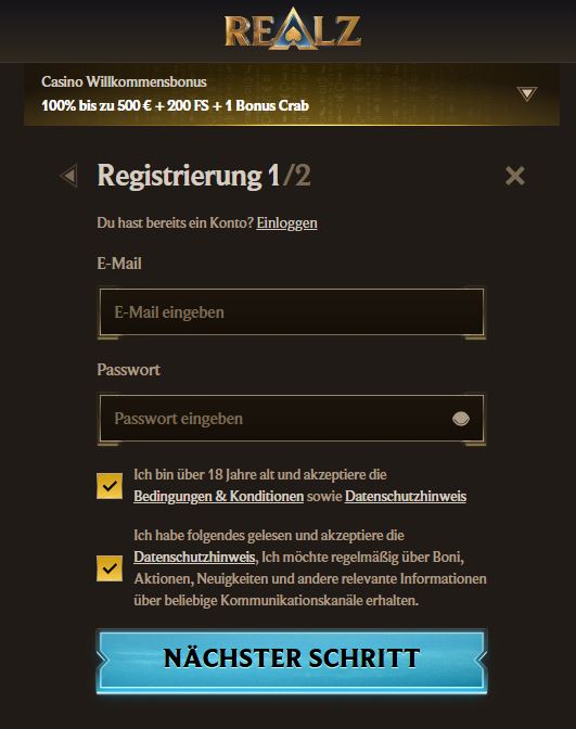 realz registrieren schritt 2
