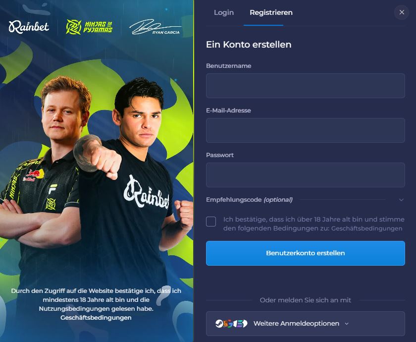 Rainbet Registrieren Schritt 1