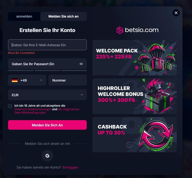 Betsio.com Registrieren