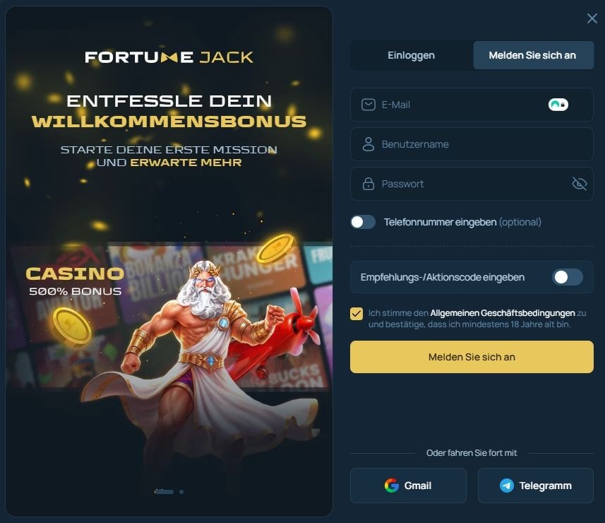 Fortune Jack Registrieren Schritt 1