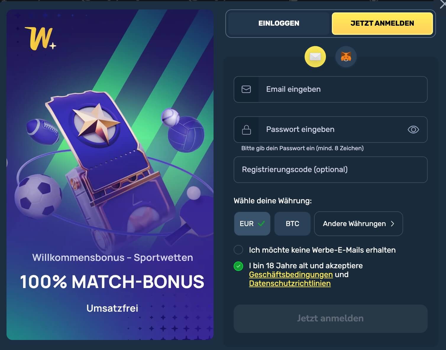 Anmeldeseite Winz.io Sportwetten