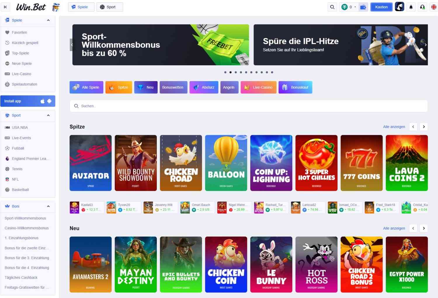 Win.Bet Spieleauswahl