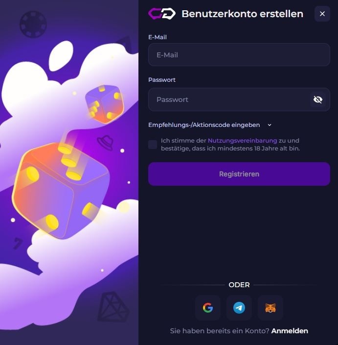 Crypto Games Registrieren Schritt 1