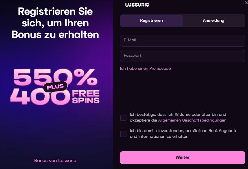 Lussurio Registrieren Schritt 1