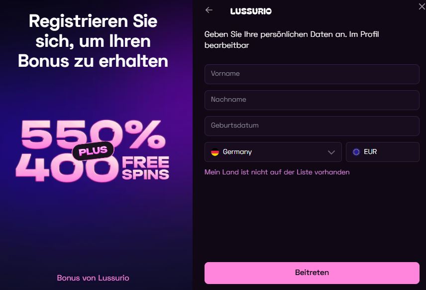 Lussurio Registrieren Schritt 2