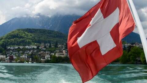 schweizer flagge vor landschaft