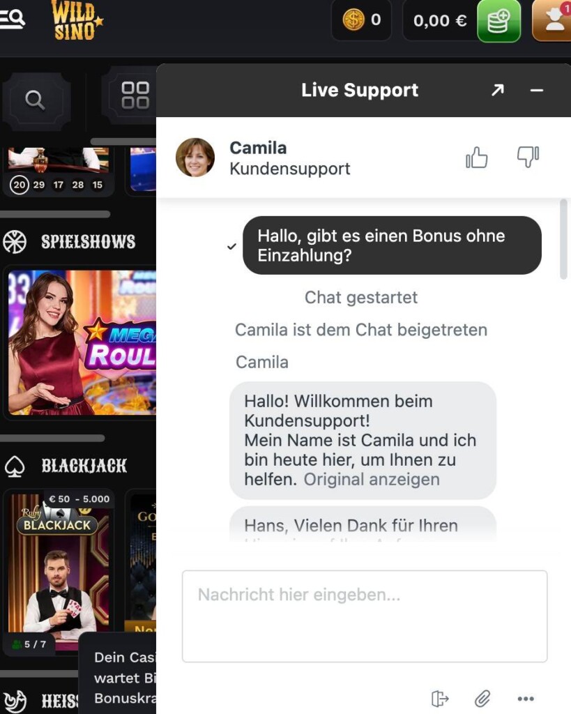 Wildsino Live Chat