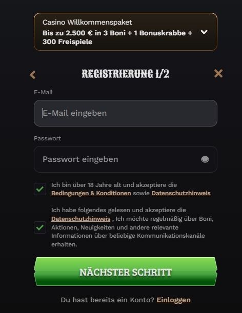 Wildsino Registrieren Schritt 2