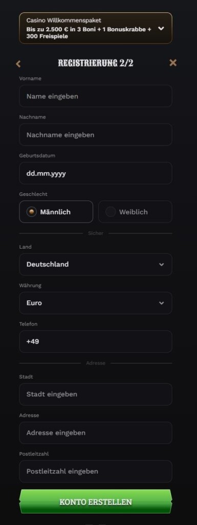 Wildsino Registrieren Schritt 3