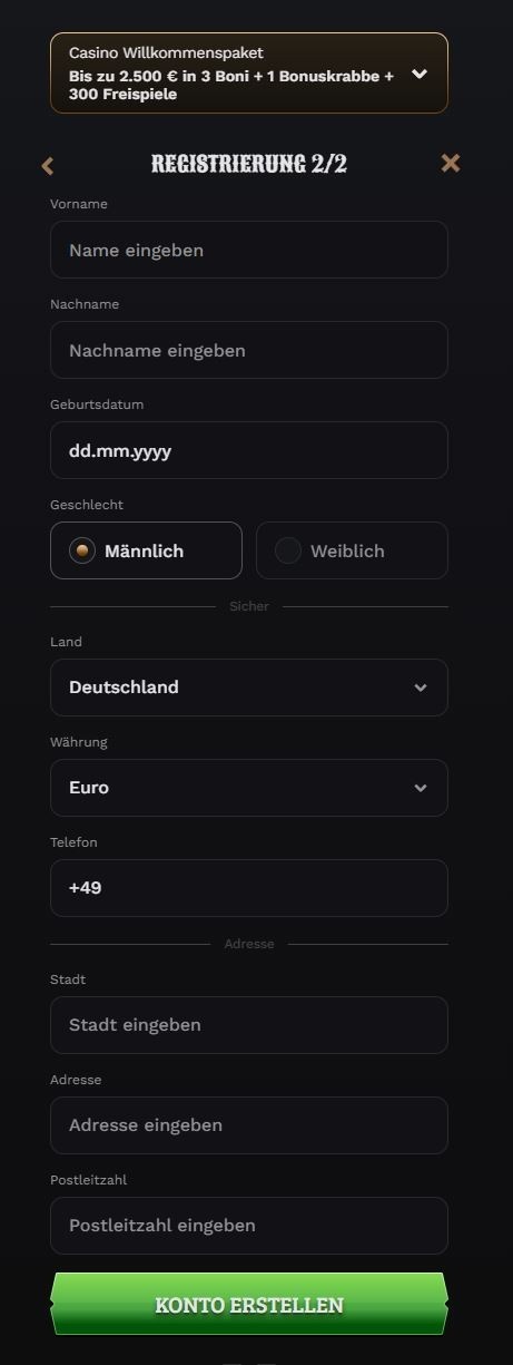 Wildsino Registrieren Schritt 3