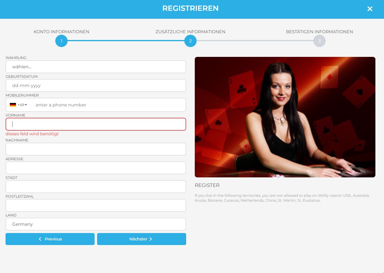 Wolfycasino Registrieren Schritt 2