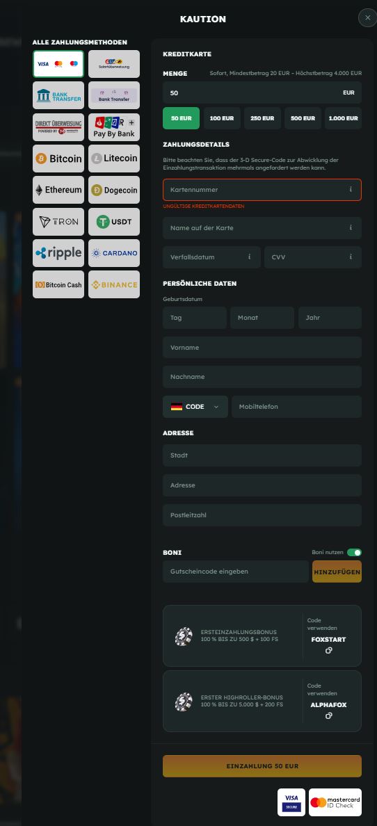 Foxslots Registrieren Schritt 2