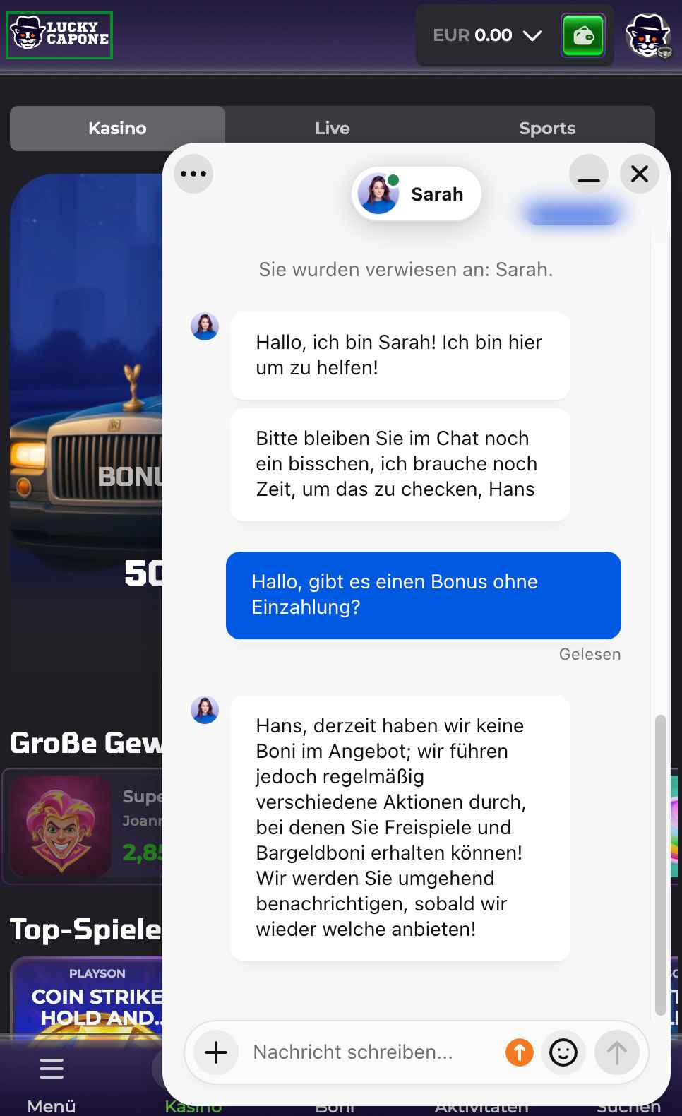 luckycapone live chat