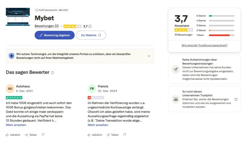 Mybet Trustpilot Bewertungen
