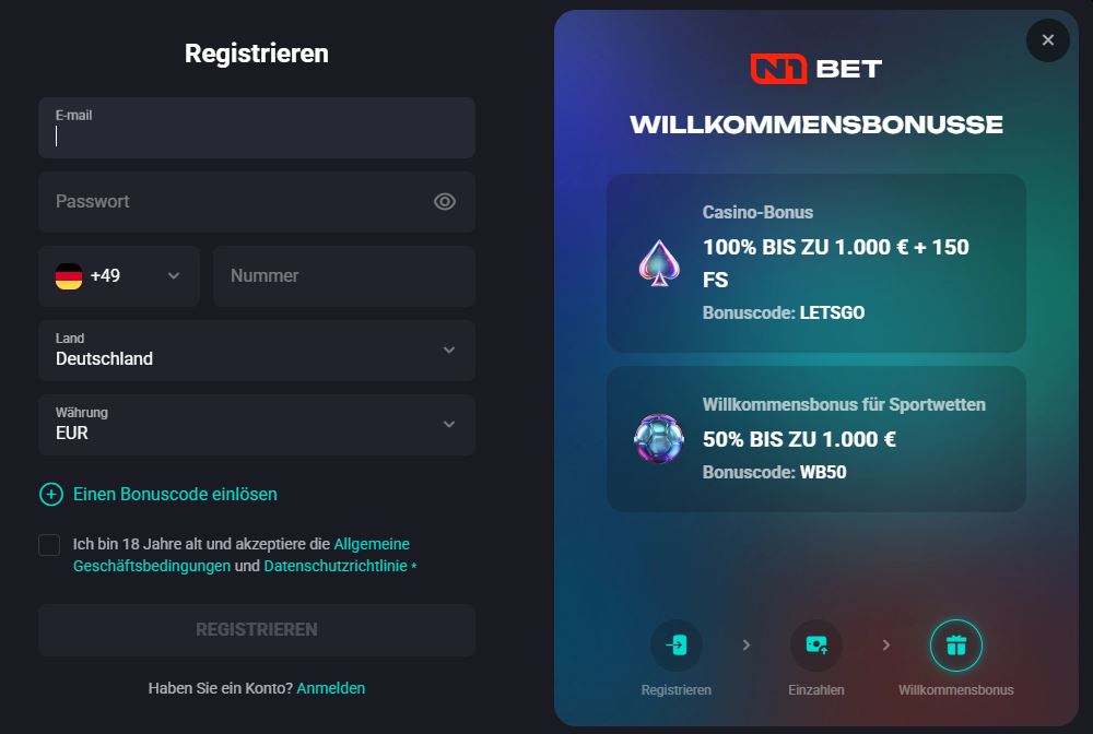 N1Bet Registrieren Schritt 1